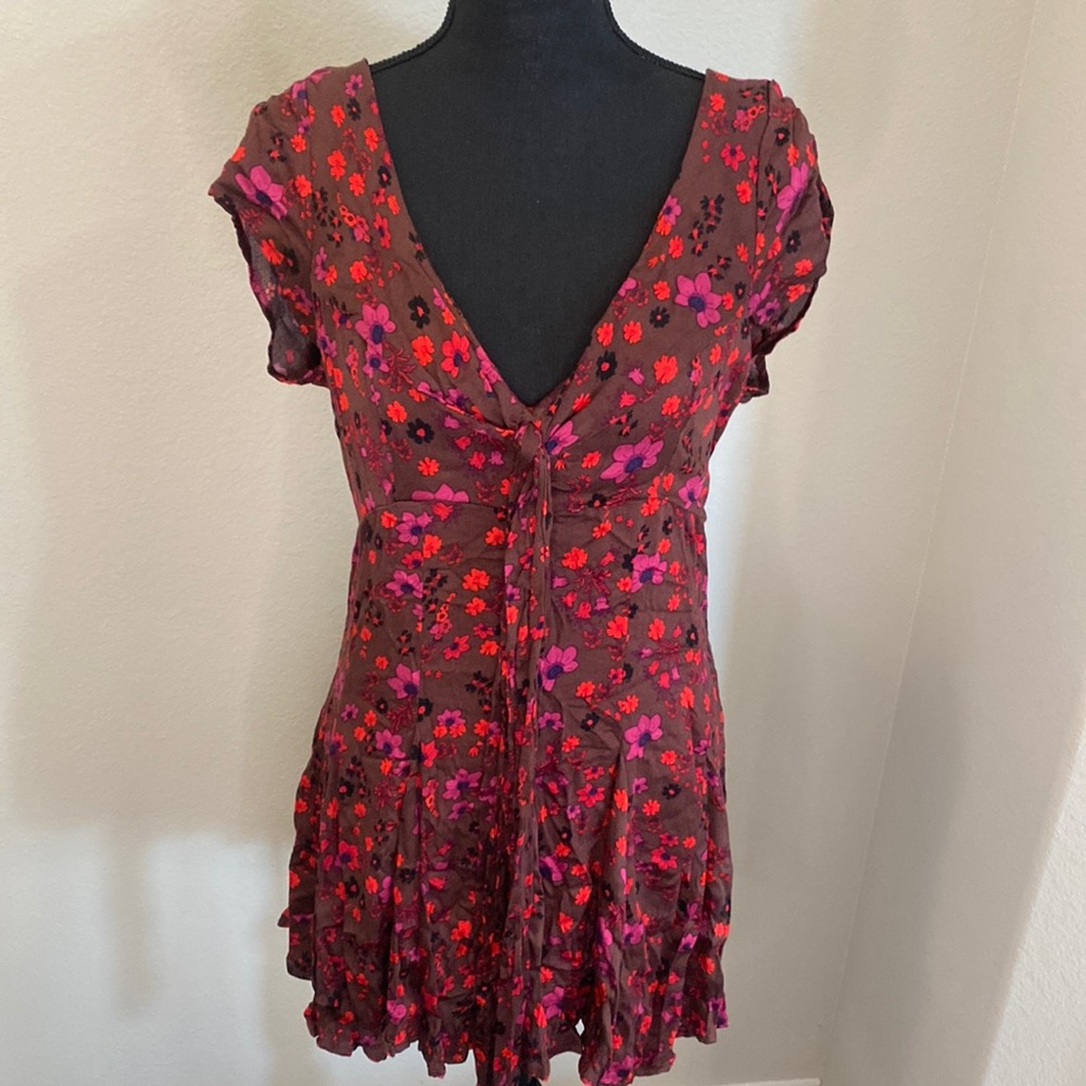 Free People red and pink floral cut out skater dress